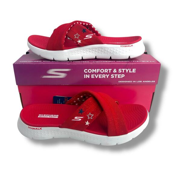NEW Skechers Go Walk Flex Sandals Size 10 Patriotic Slip On Red Sparkles Flat - Picture 9 of 12